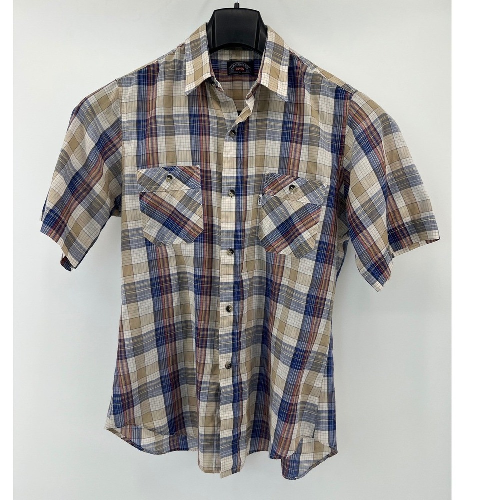 Levis Button Down Shirt Mens Large Tan Blue Plaid Short Sleeve Western Vintage